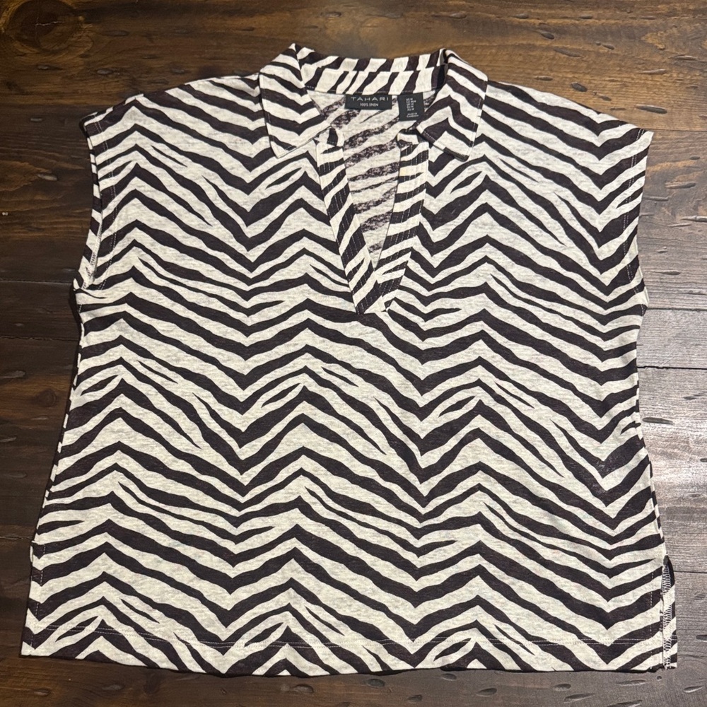 Tahari Brown and Cream Zebra Pattern 100% Linen Blouse